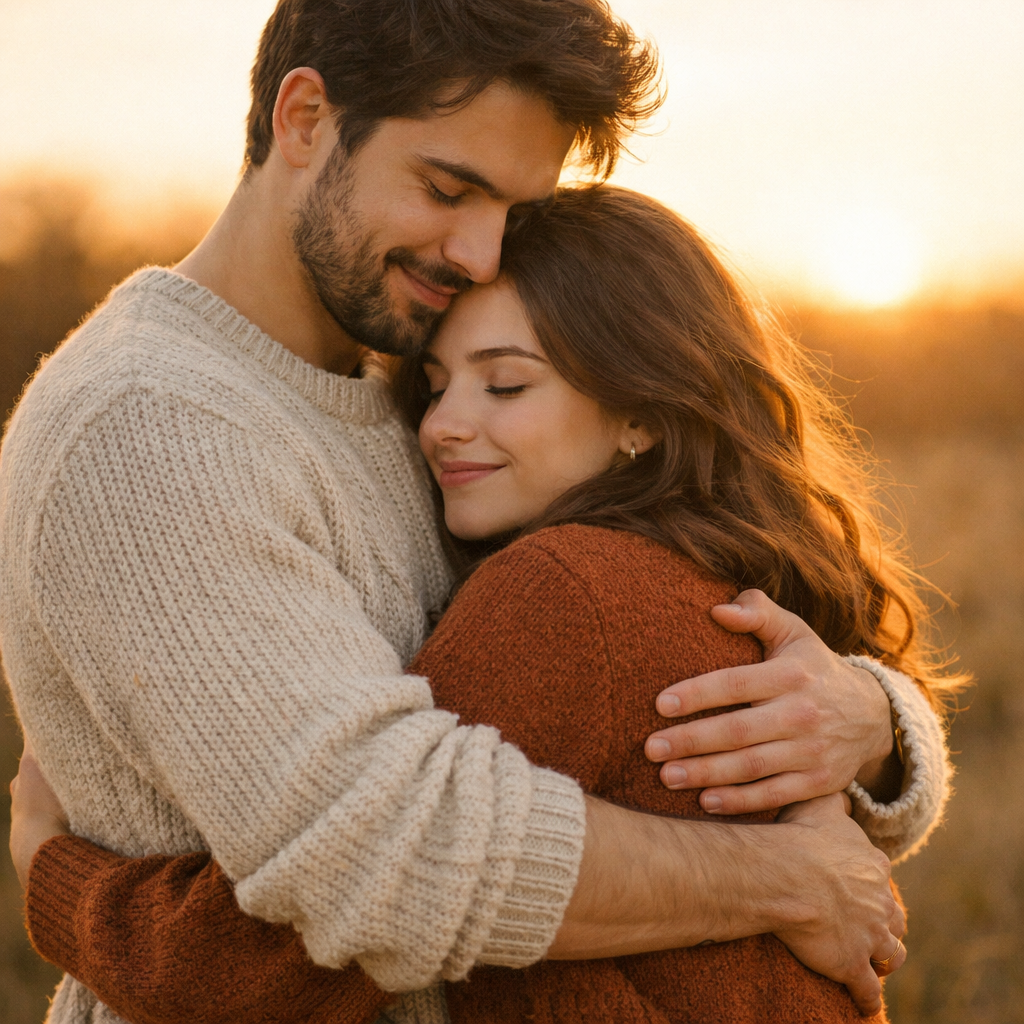 Couple warmly embracing with eyes closed during sunset