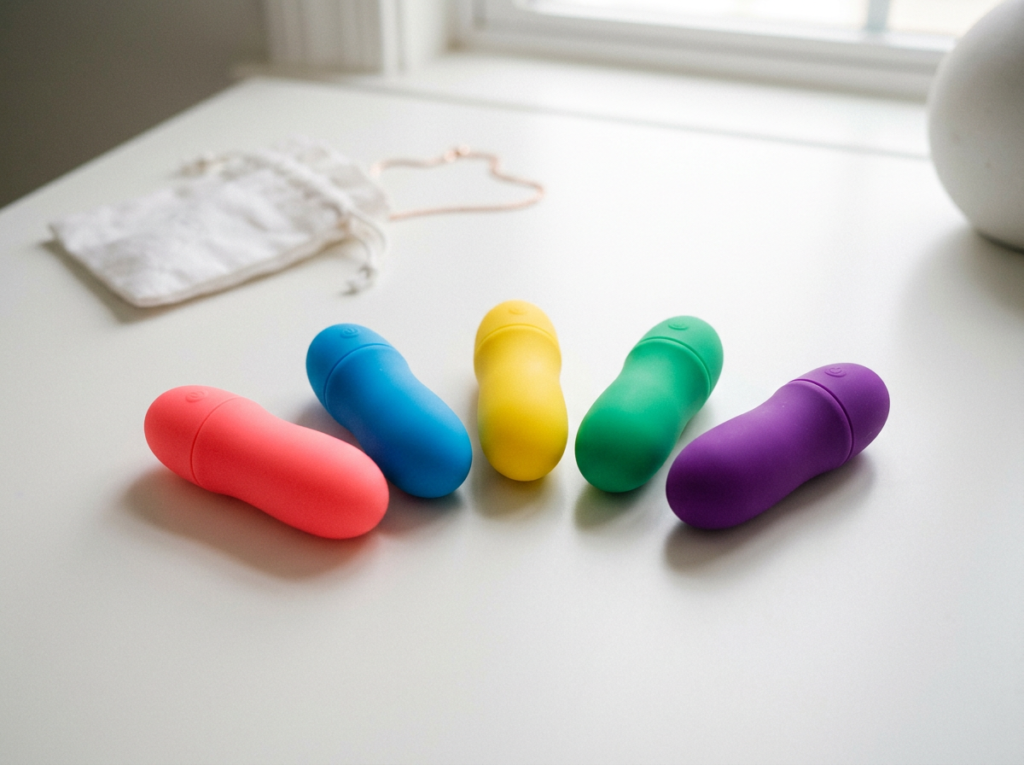Five colorful sensory tools arranged on a white tabletop